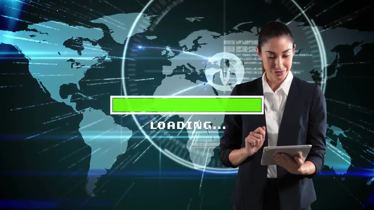 el video comienza con una mujer sosteniendo una tableta sobre un mapa del mundo