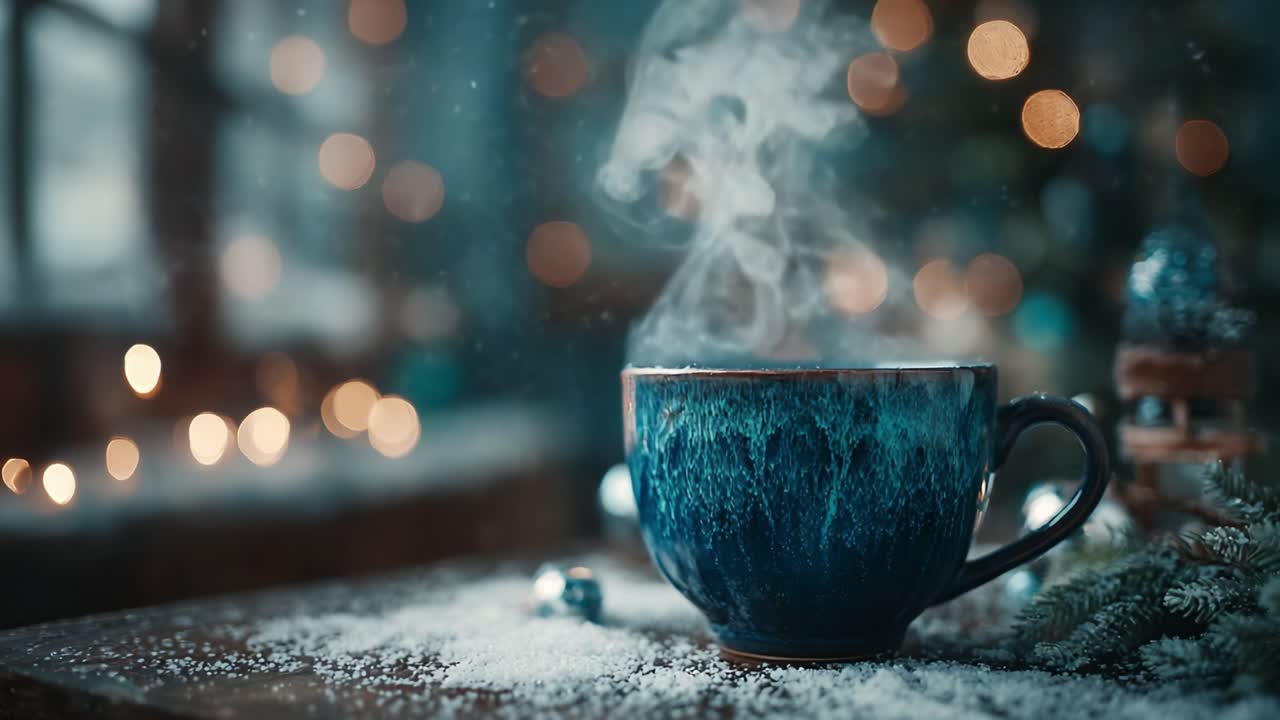 A Steaming Blue Cup of Hot Beverage Surrounded by Holiday Atmosphere with Soft Bokeh Effects and Gentle Snowfall, Evoking Cozy Winter Moments