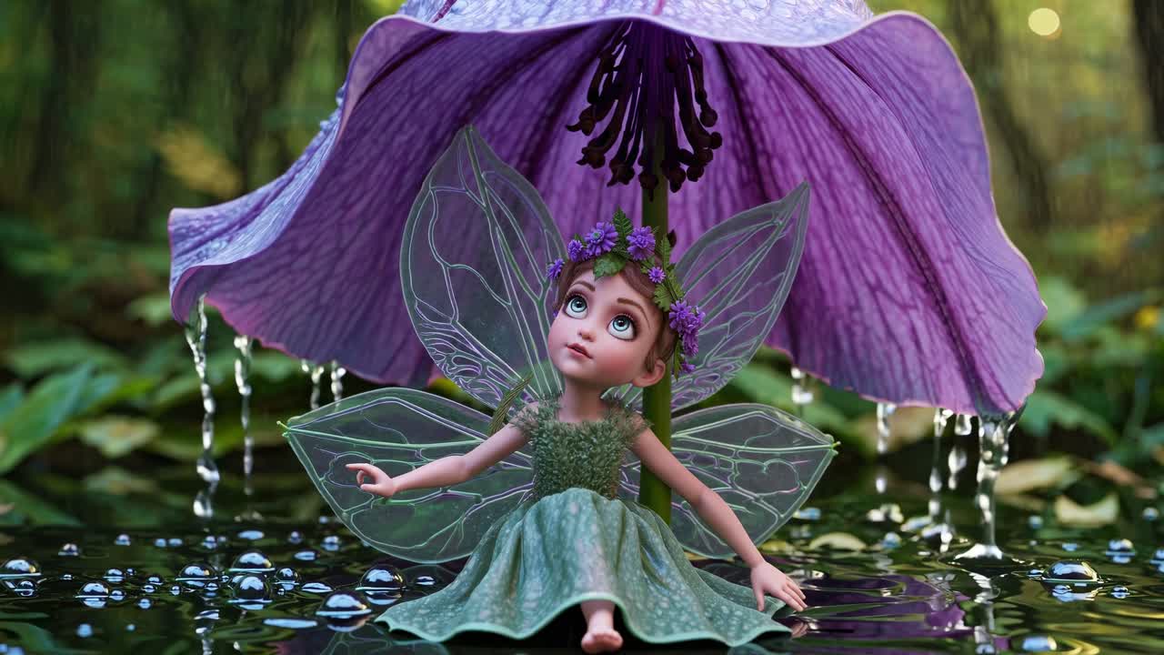Small fairy with green dress and transparent wings sitting under a giant purple flower used as an umbrella during a rainy day in a magical forest creating a fairytale atmosphere