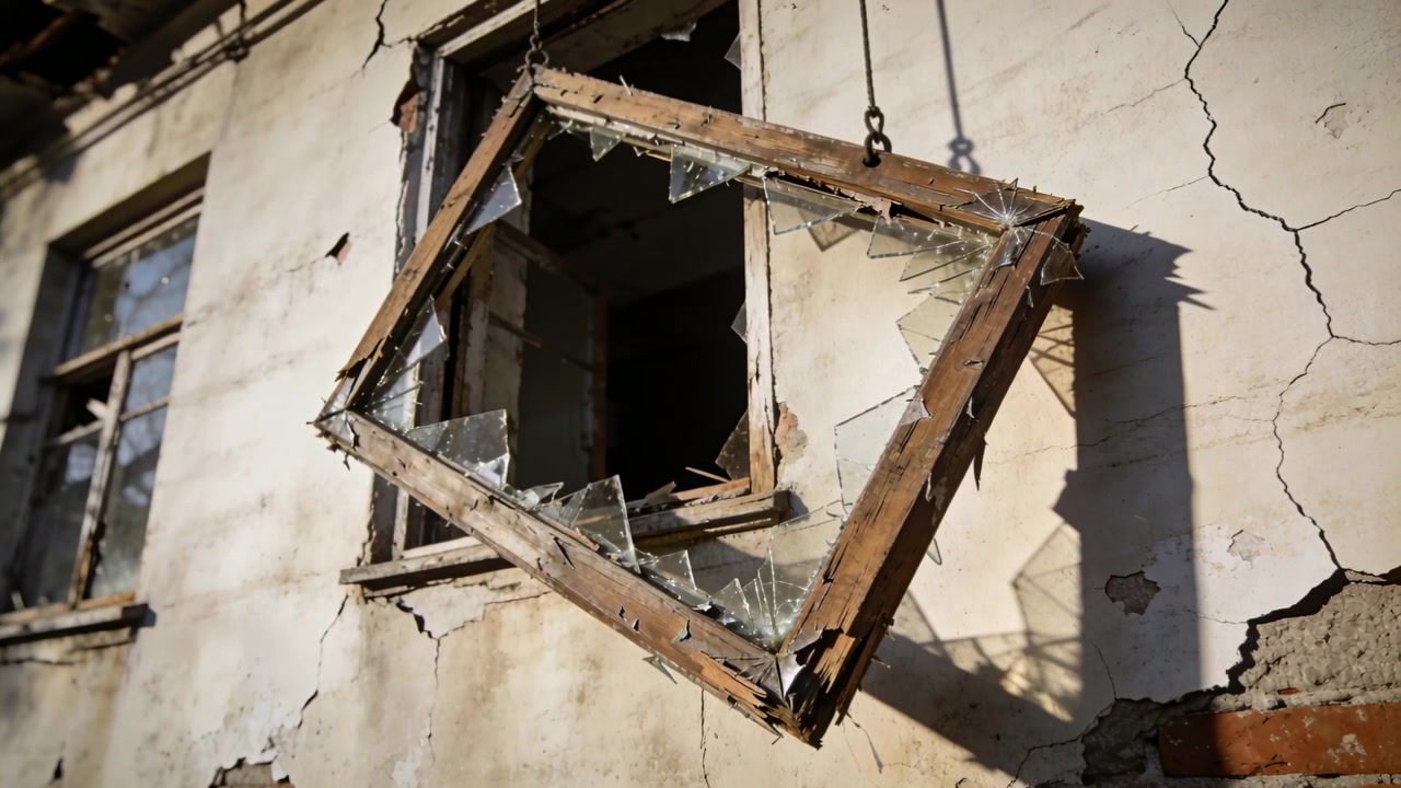 Swaying broken sash rotating from breeze on neglected facade, with hooks and glass shards