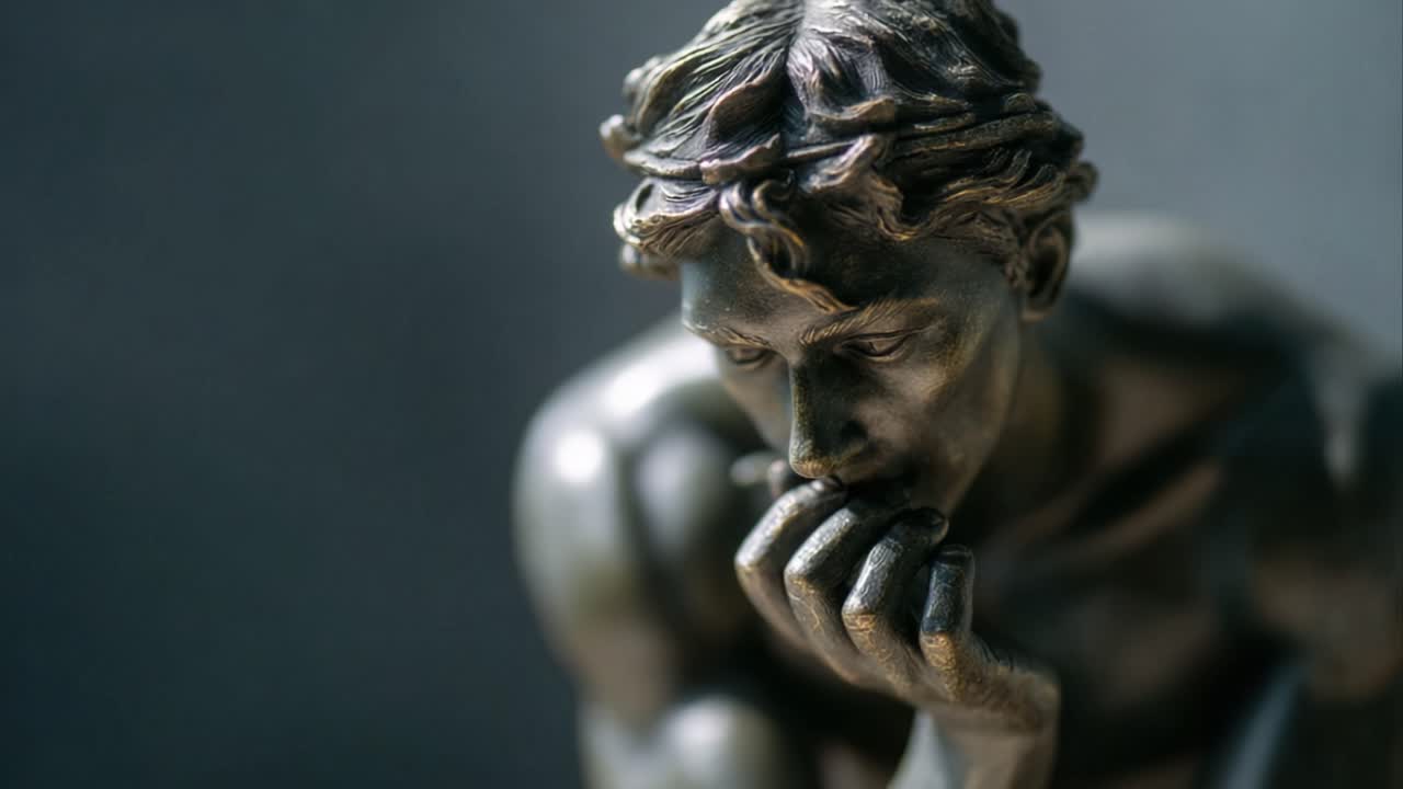 A Thoughtful Bronze Sculpture of a Pensive Figure with Delicate Details, Captivating an Intense Expression of Reflection and Contemplation in Artistic Craftsmanship