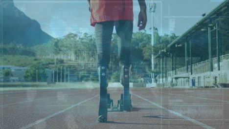 Animation-of-digital-screen-over-african-american-man-with-running-blade-training-at-stadium