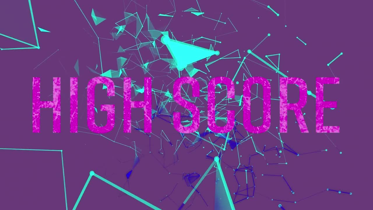 초록색으로 빛나는 연결 네트워크 위에서 분홍색 글자로 높은 점수 텍스트의 애니메이션