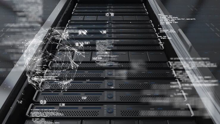 Animation of data processing and globe over server room