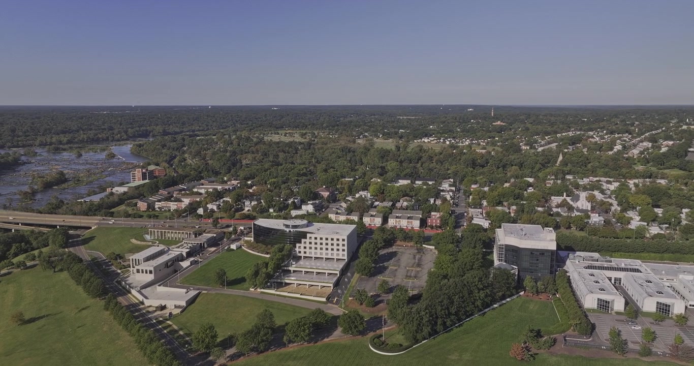 Richmond Virginia Aerial v118 flyover above downtown, Monroe Ward, VCU and Oregon Hill toward the James River - Shot with Mavic 3 Pro Cine - Sept 30th 2023