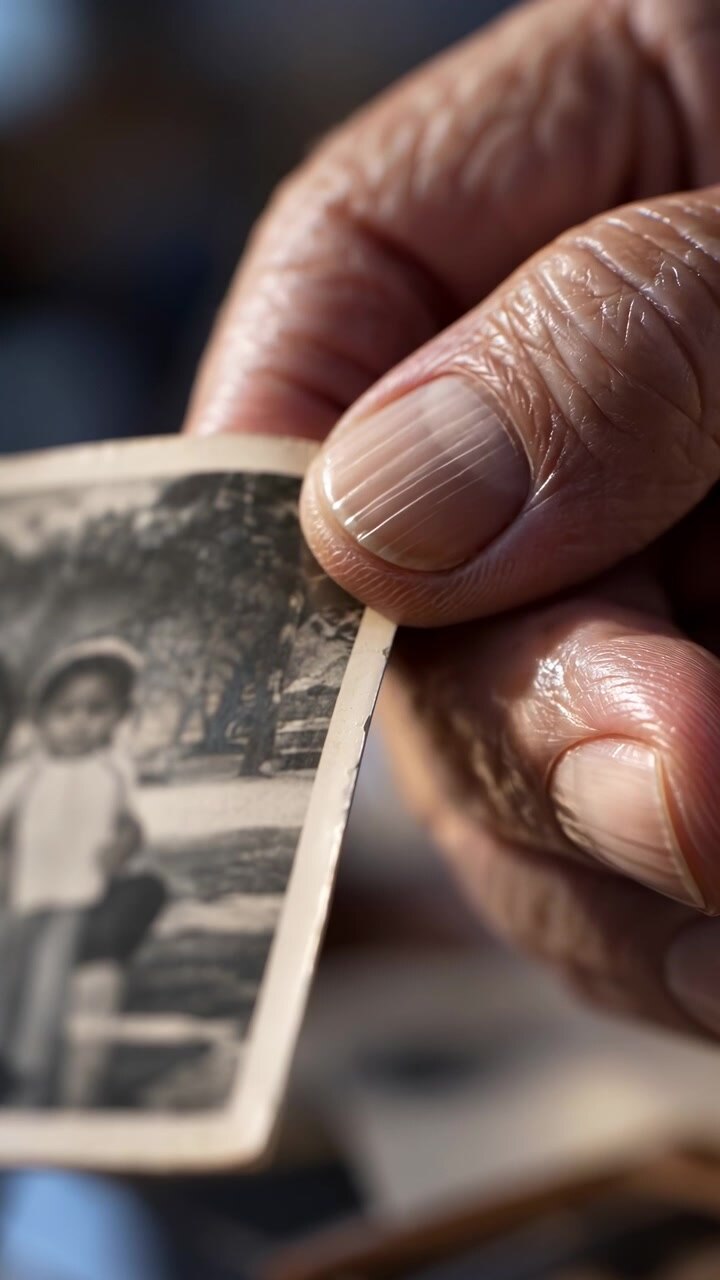Primo piano di dita che spostano delicatamente una piccola fotografia vintage, mostrando la texture della pelle, i bordi della carta invecchiata, figure monocromatiche, luci calde e un morbido sfocato sullo sfondo