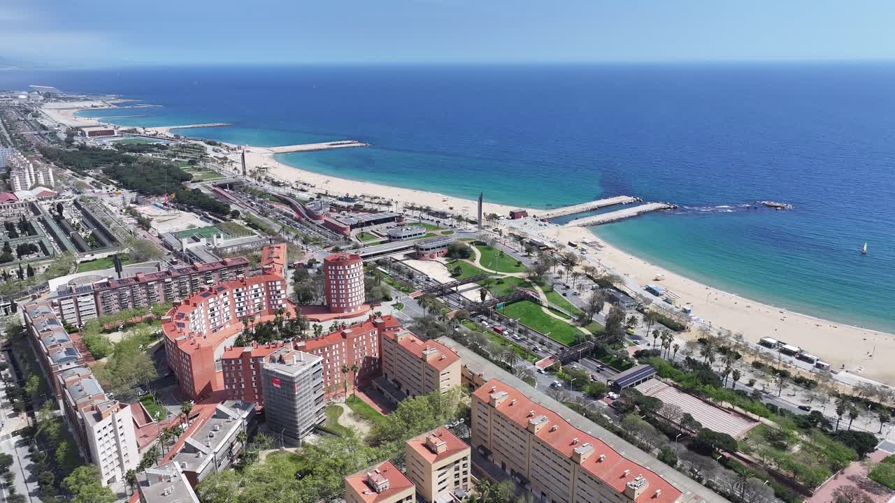 Barceloneta Beach At Barcelona In Barcelona Province Spain. Stunning Cityscape. Beach Landscape. Highrise Buildings. Barceloneta Beach At Barcelona Spain. Nature Background. Spain Skyline
