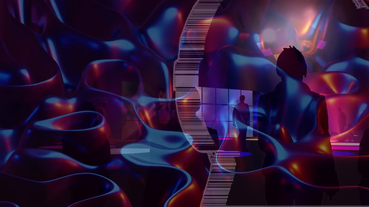 Animation of colorful shapes overlaying people silhouettes in vibrant school room