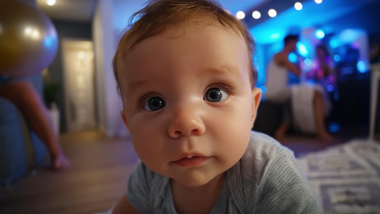 Bebê curioso explorando um quarto iluminado e colorido, capturando a alegria da infância em uma atmosfera lúdica com iluminação suave e interação familiar no plano de fundo