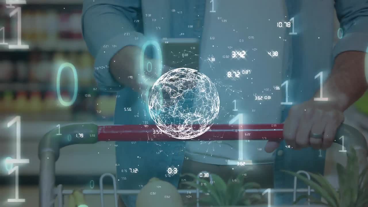 연결 네트워크의 지구의 애니메이션 바이너리 코딩 스마르를 사용하여 쇼핑 트롤리와 함께 사람 위에