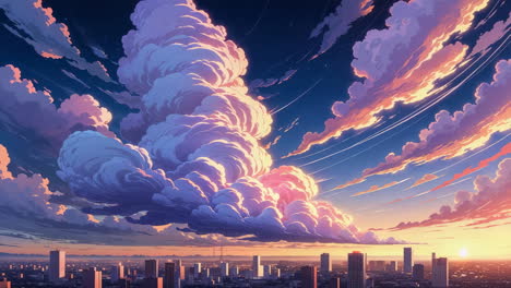 Dramatic Anime Sky Over Cityscape at Sunset