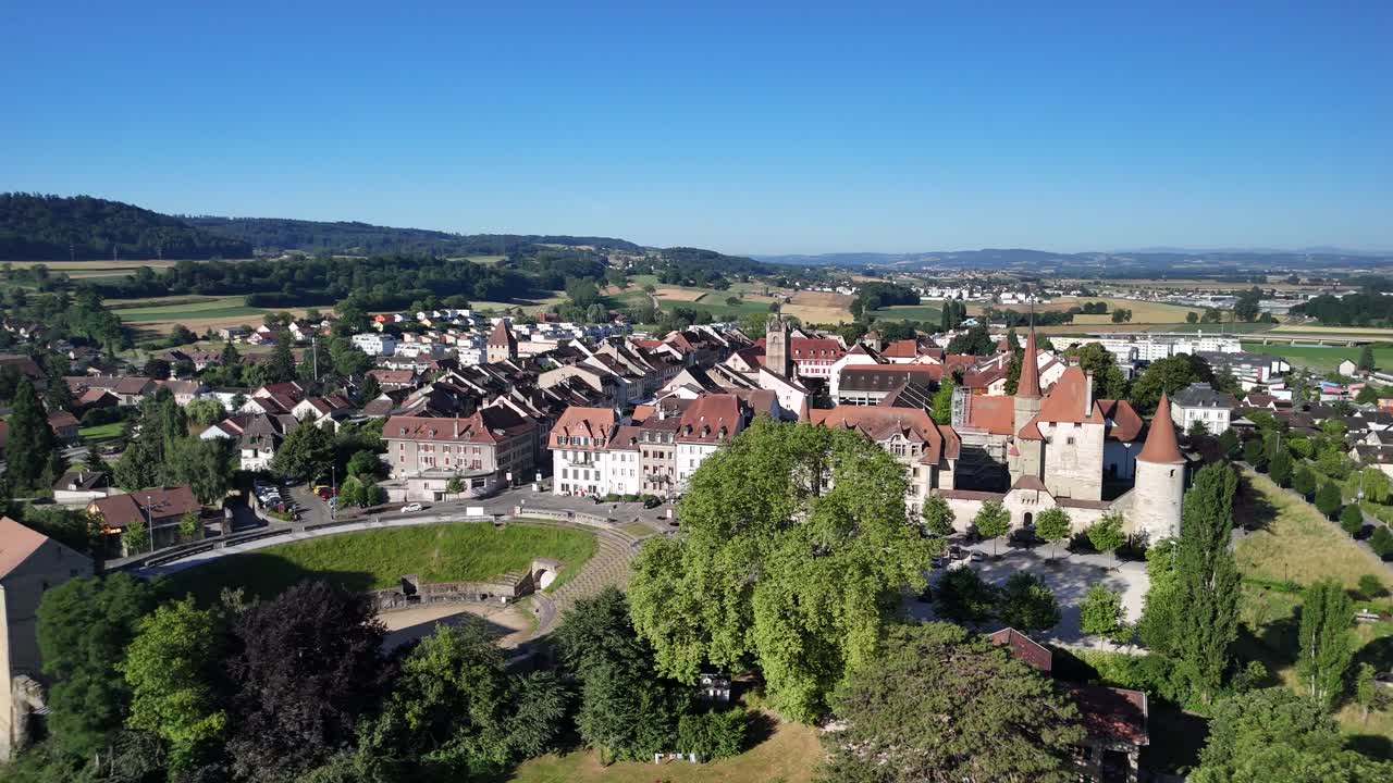 Avenches medieval old roman town in Switzerland Helvetia former capital aerial drone