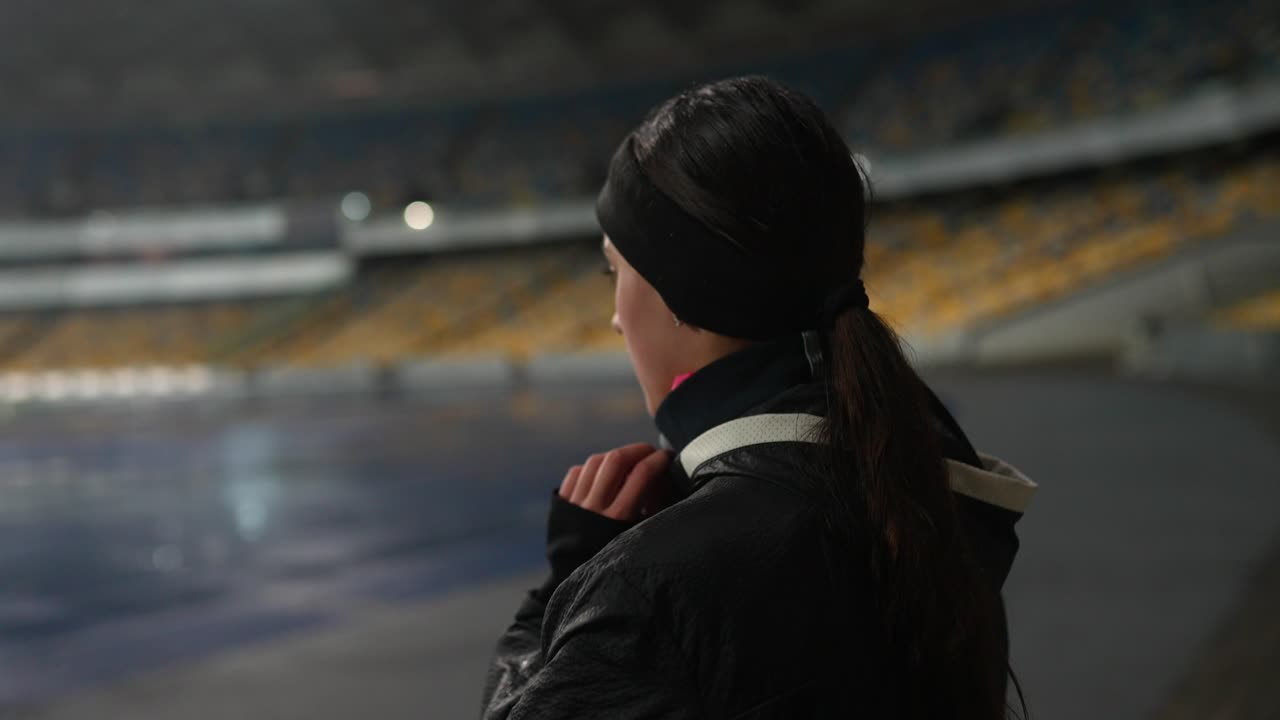 밤 에 경기장 에서 경기를 보는 여자