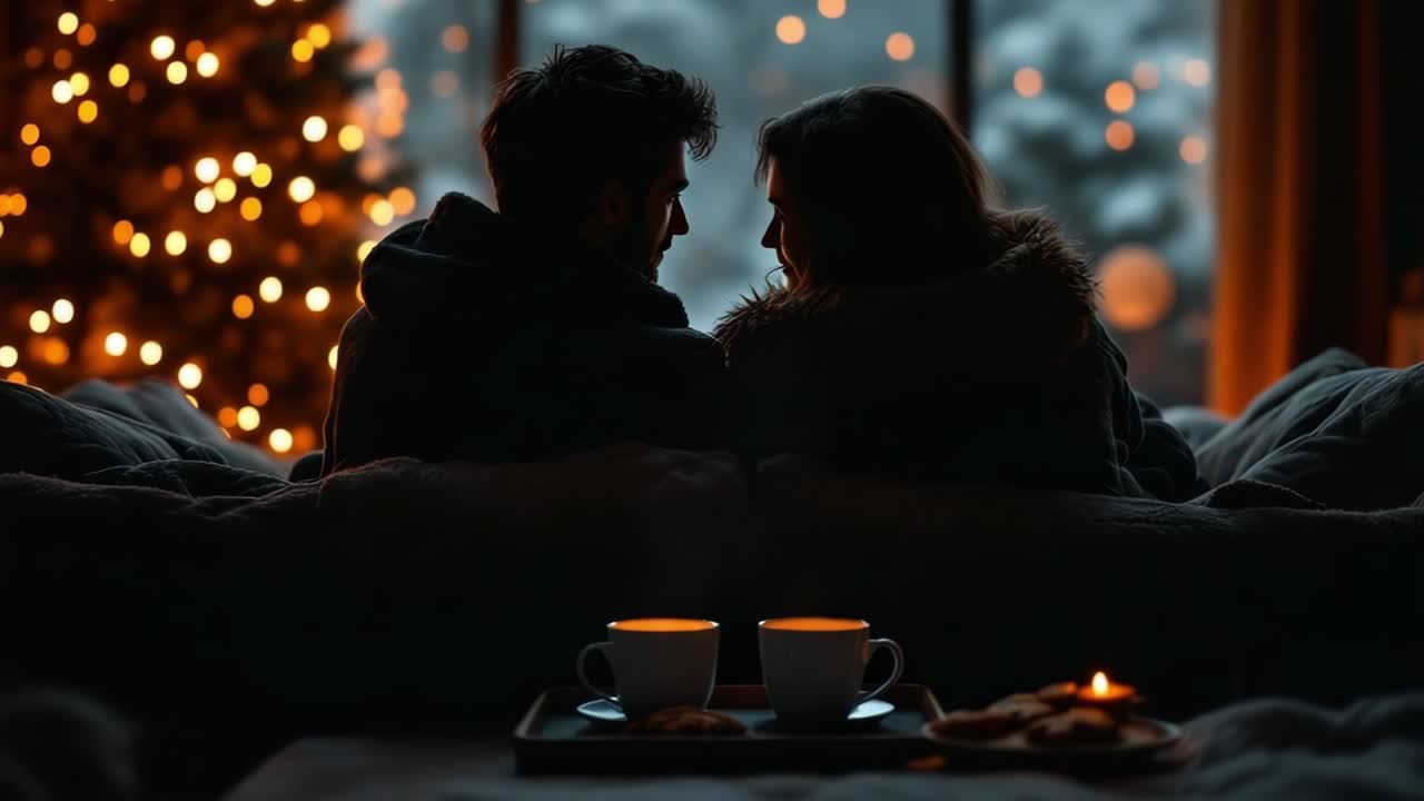 Couple sitting close together on a couch, sharing a cozy evening with warm drinks, surrounded by soft blankets and glowing festive lights, creating an intimate and warm atmosphere