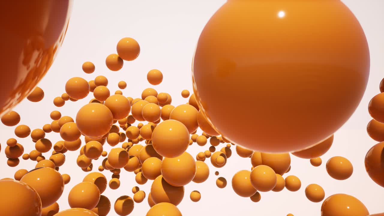 imágenes abstractas de bolas de plástico naranja 3d. moviéndose en dirección lateral a través de esferas brillantes estáticas que representan un fondo animado decorativo. formas geométricas brillantes en diferentes tamaños video 4k