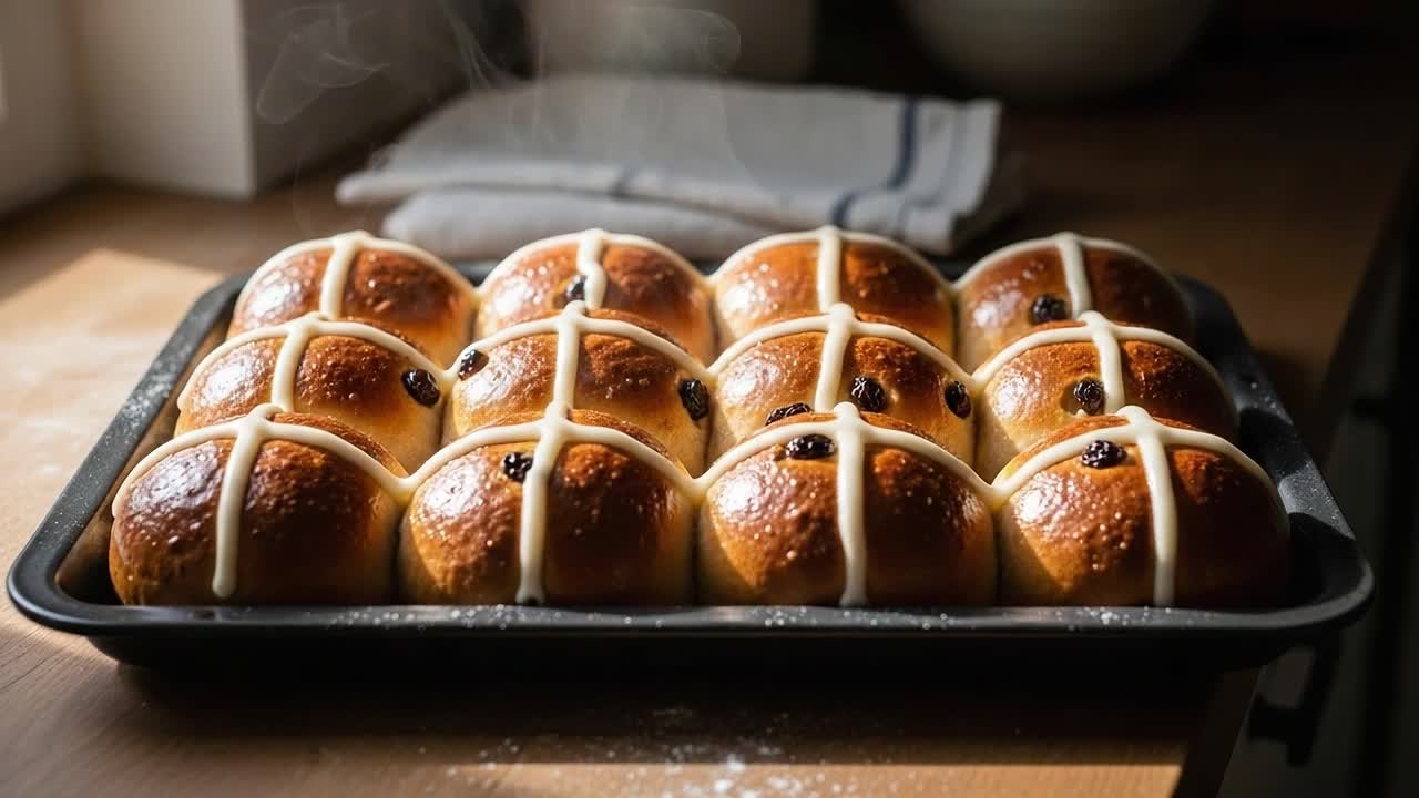 Freshly Baked Hot Cross Buns Ready to Enjoy, Featuring Glazed Topping and Delicious Dried Fruit, Perfect for Celebrations and Family Gatherings