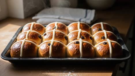 freshly baked hot cross buns ready to enjoy, featuring glazed topping and delicious dried fruit, perfect for celebrations and family gatherings