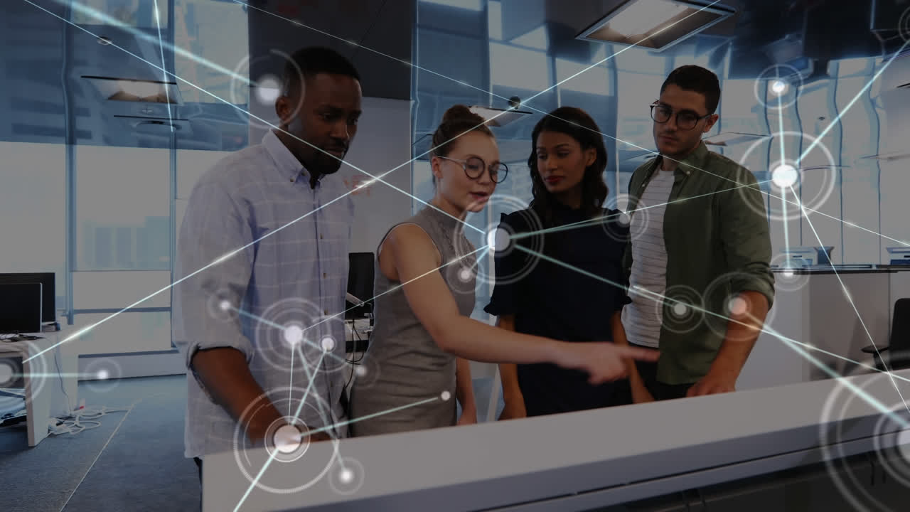 Animation of network with connections over diverse business people