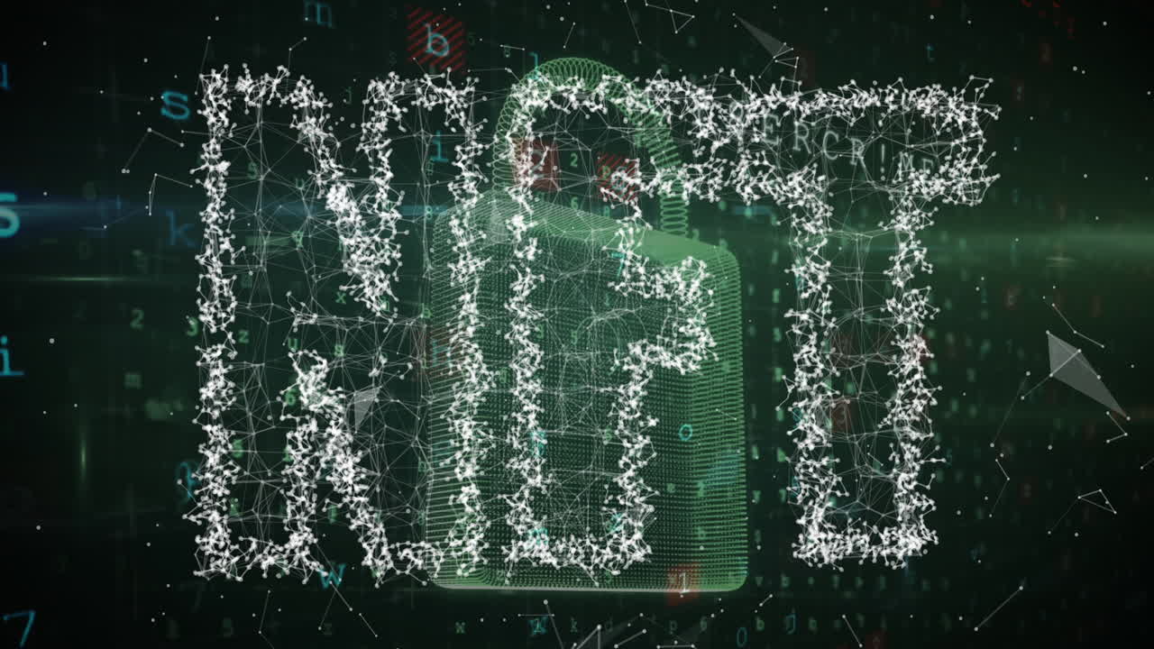 Animation of nft text banner against cyber security padlock icon and data processing