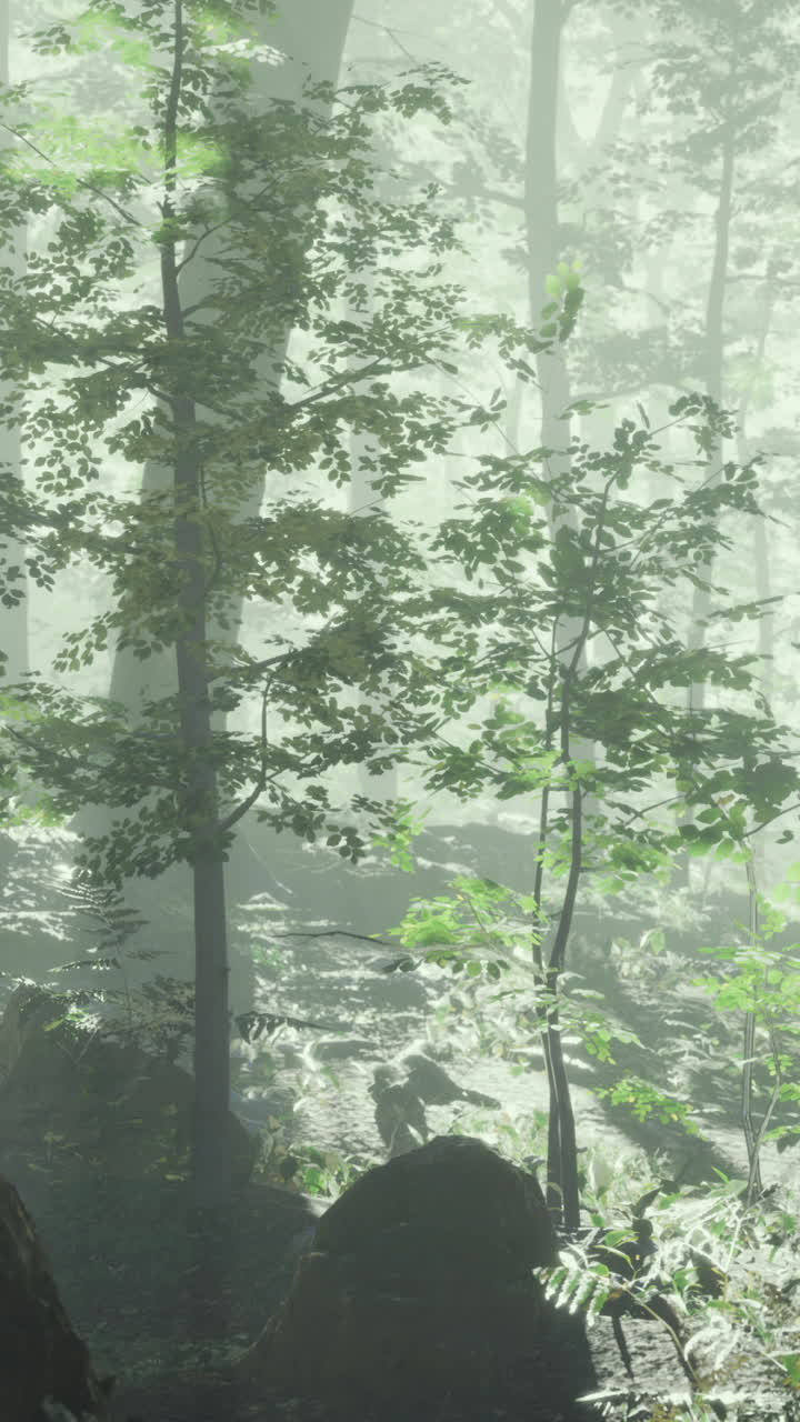 Misty forest landscape with lush greenery and soft light in the morning