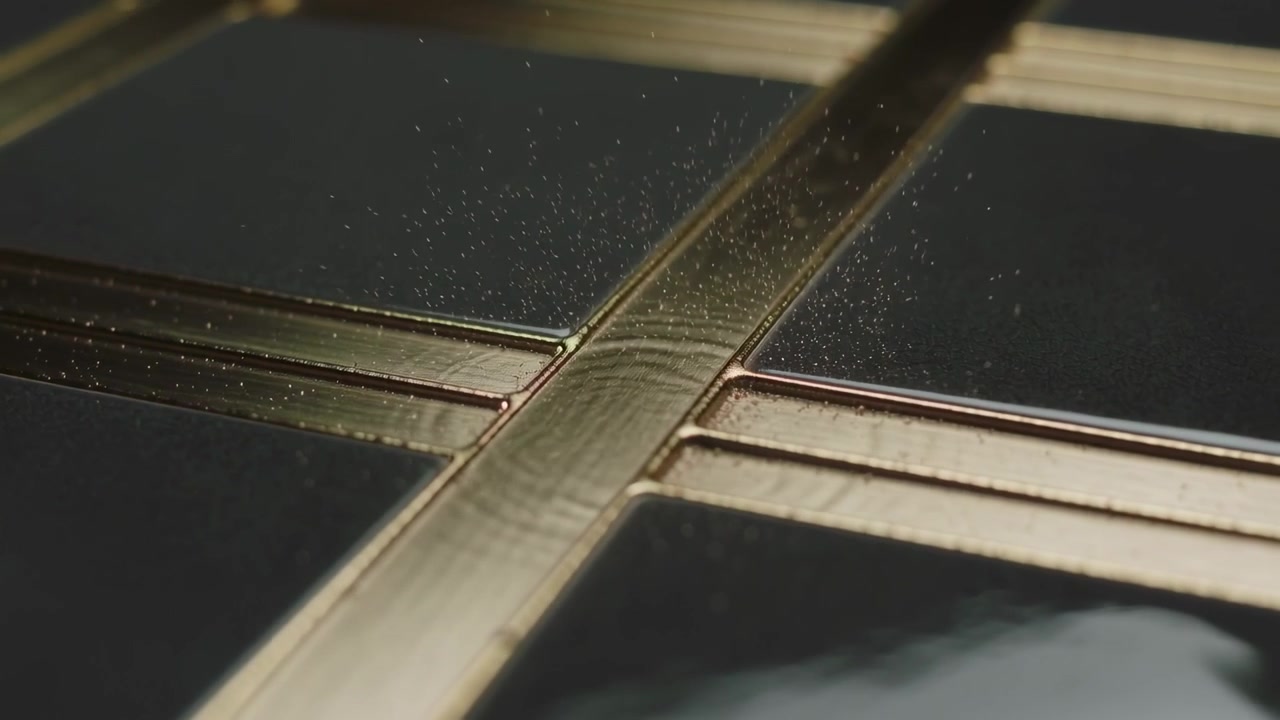 Shifting camera revealing gold cross strips in studio closeup, exposing dust motes for inspection