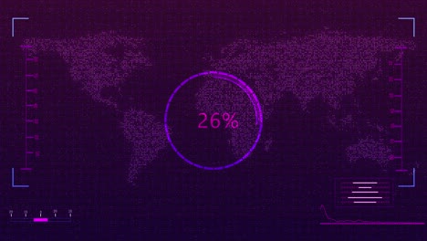 futuristic interface global data range purple grid overlay across digital world map analytics