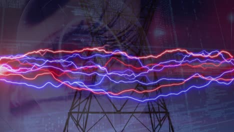 Animation-of-electricity-waves-and-eye-of-caucasian-woman-over-electricity-poles-at-sunset