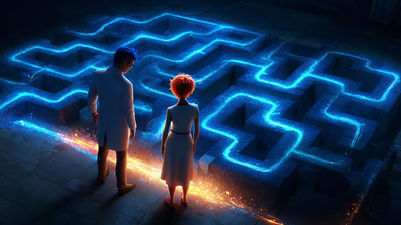 Two characters in futuristic attire stand before a glowing maze, illuminated by neon blue lights, contemplating their next move as they face an unknown and intriguing challenge ahead