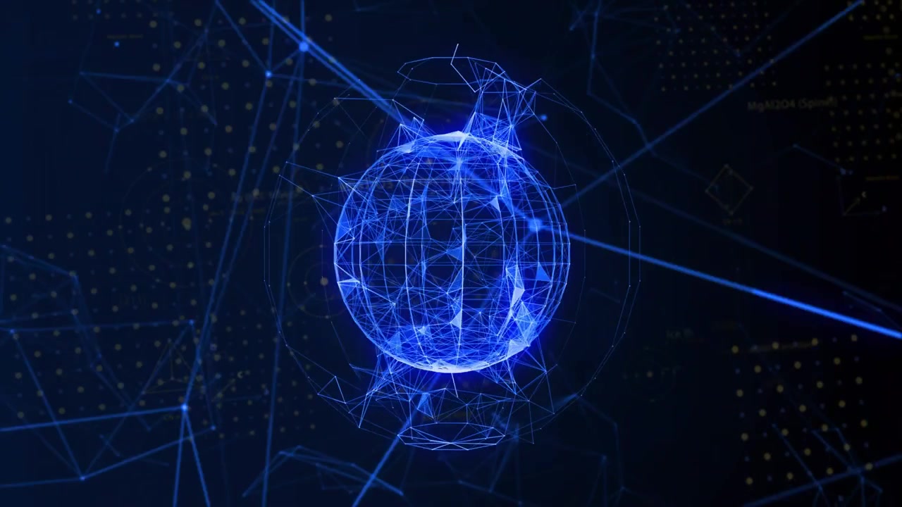 Orbiting bright node contacting wireframe sphere, globe pulsing and growing to show network growth