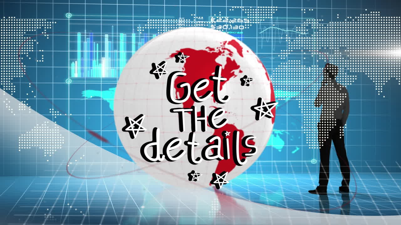 데이터 처리의 애니메이션을 통해 자세한 텍스트를 얻으십시오. 글로브와 비즈니스맨.