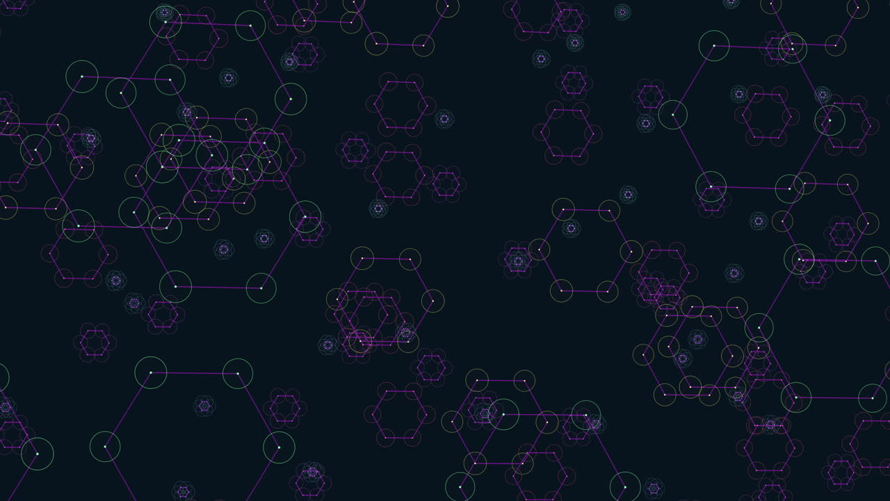 Symmetrical overlapping hexagon pattern purple and green on black