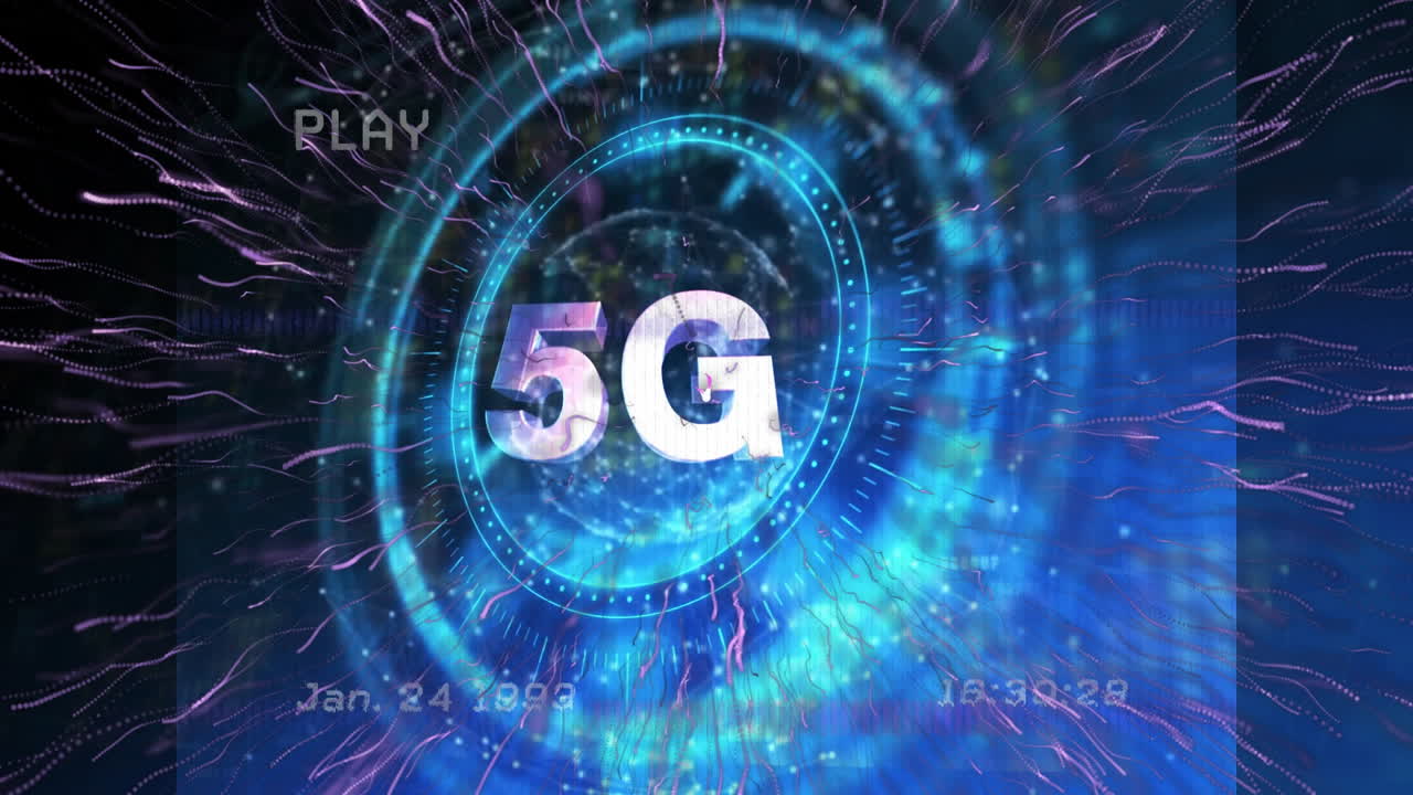 5G letters being animated inside glowing teal ring, radiating purple-pink tendrils over binary grid