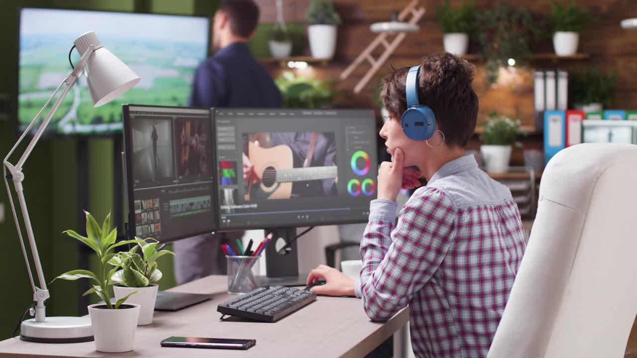 사무실에서 컴퓨터에서 일하는 여자