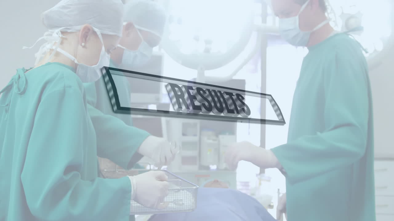 Medical team performing surgery with RESULTS text animation over scene