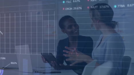 animation of diagrams and data processing over diverse female colleagues talking