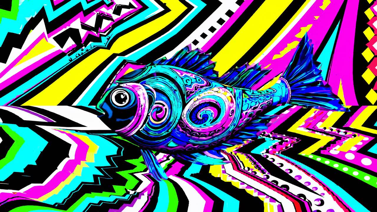Pesce psichedelico su uno sfondo astratto e colorato