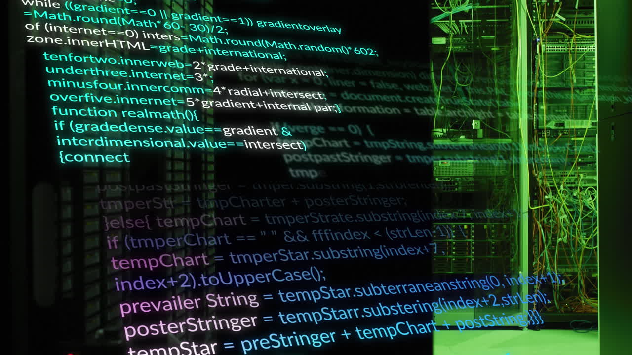 procesamiento de datos a través de servidores de computadoras verdes sobre un fondo negro.