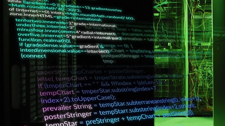 Data processing over green computer servers on black background