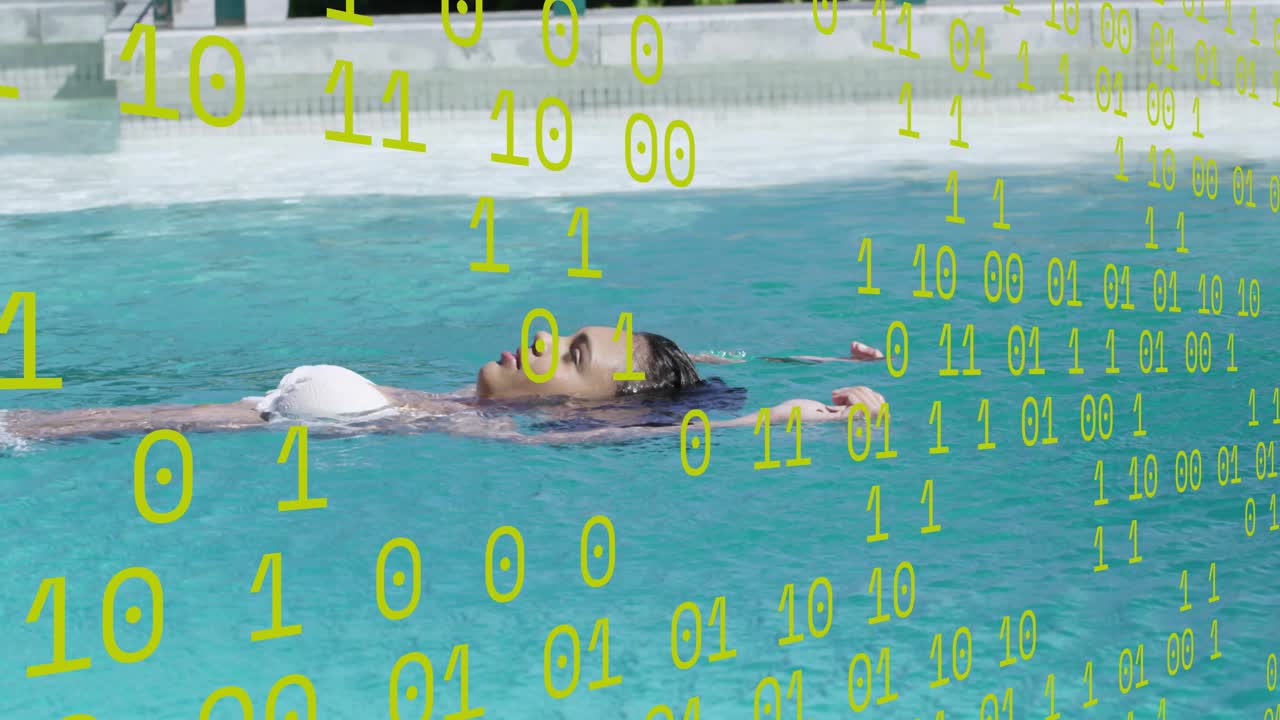 Chica adolescente flotando en una piscina, respirando relajadamente y causando ondas mientras un flujo binario evoca tecnología