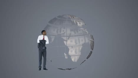 Animation-of-globe-formed-with-american-dollar-bills-with-businessman-and-copy-space-on-grey