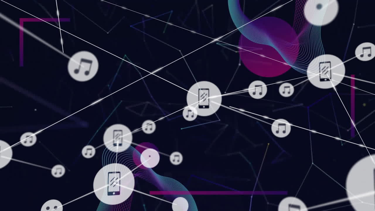 animación de la red de conexiones con iconos de música sobre un fondo oscuro
