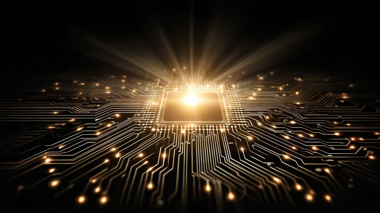 A Stunning Close-Up View of a Radiating Computer Chip Surrounded by Intricate Circuit Patterns, Illustrating the Power and Beauty of Modern Technology