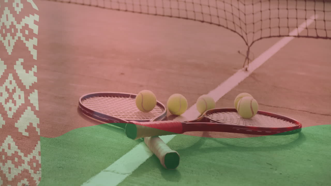 Two crossed tennis rackets lying on hard court flat design, showing five bright balls near net