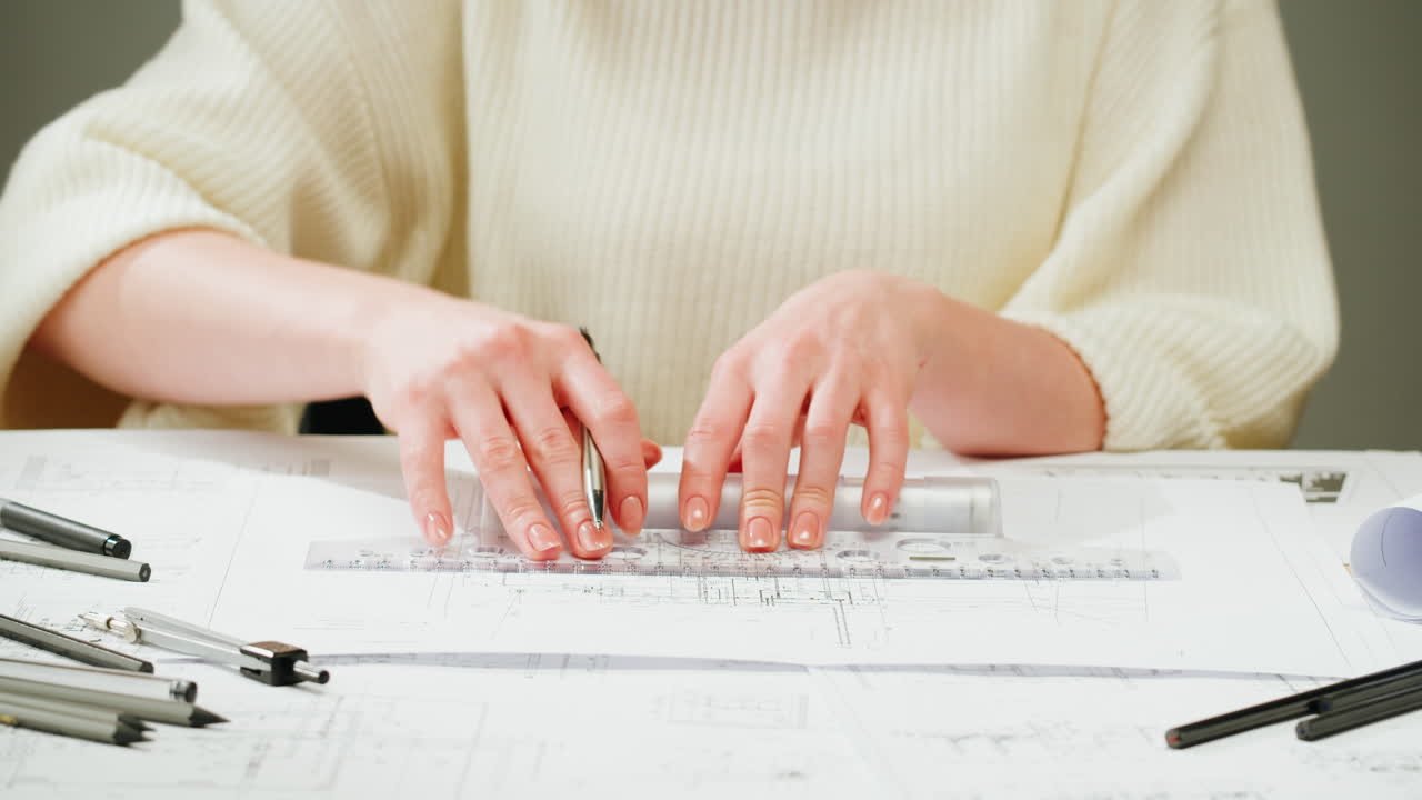 Professional working on architectural blueprints with drafting tools