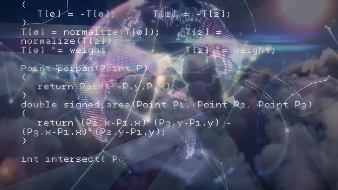 Animation of computer code overlaying digital network and data visualization in school
