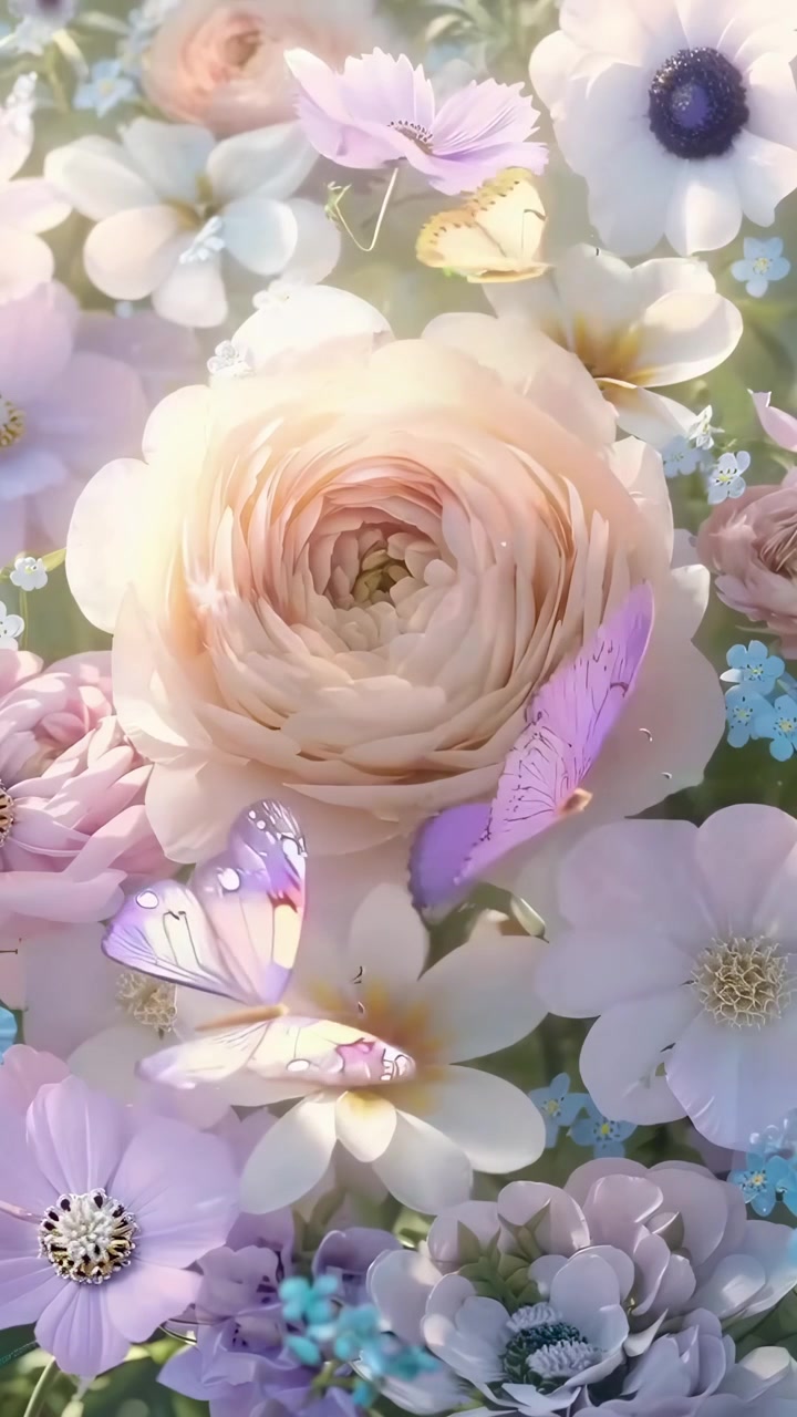 Bellissime farfalle che svolazzano tra morbidi fiori da giardino dai colori pastello.