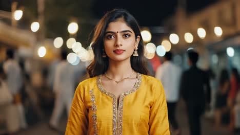beautiful young indian woman wearing traditional yellow clothing, eyes closed in a serene moment, surrounded by the vibrant atmosphere of a crowded night market illuminated by bokeh lights