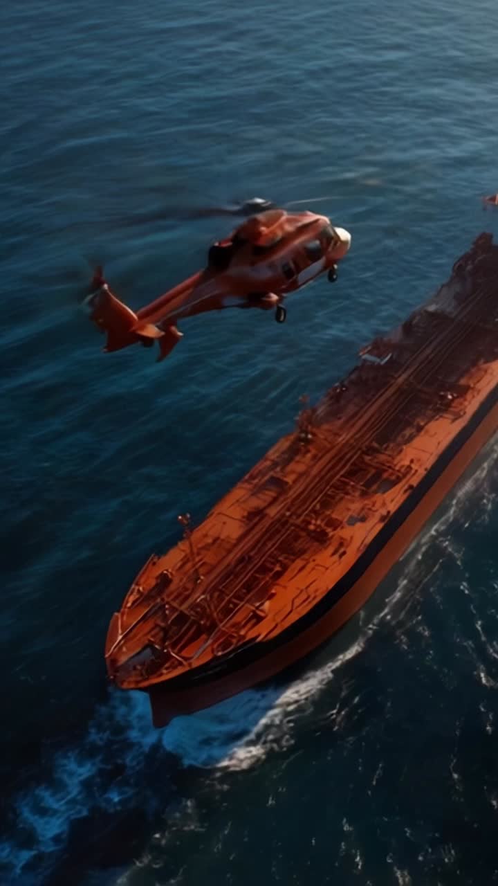 Un elicottero si libra sopra una grande petroliera che naviga nell'oceano, mostrando operazioni marittime e supporto aereo in una suggestiva rappresentazione visiva.