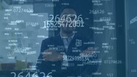 animation of data processing over biracial businessman smiling in office