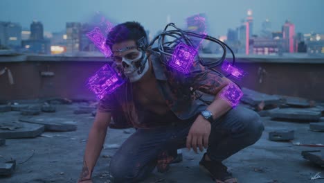 cyberpunk figure with skull mask and holographic interface on rooftop